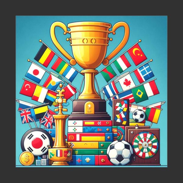 Colourful boardgames stacked high with a golden trophy on top