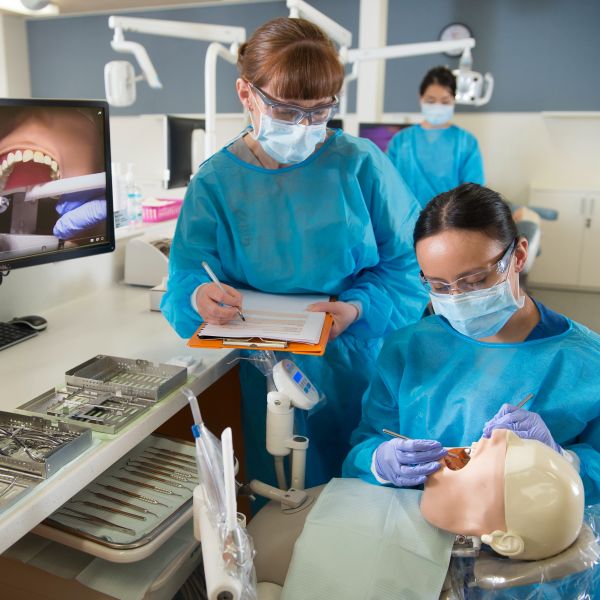 A student is guided through a practical oral health lesson
