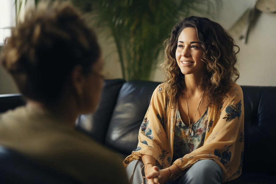 Girl talking to woman