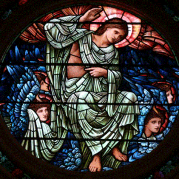 Circular window pane with angelic features