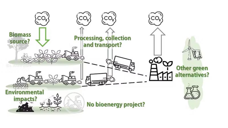 Graphic demonstrating the five key questions to ask about every bioenergy project.
