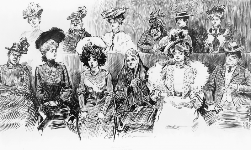 A black and white cartoon depicting a jury of women from Life Magazine in the US, 1902