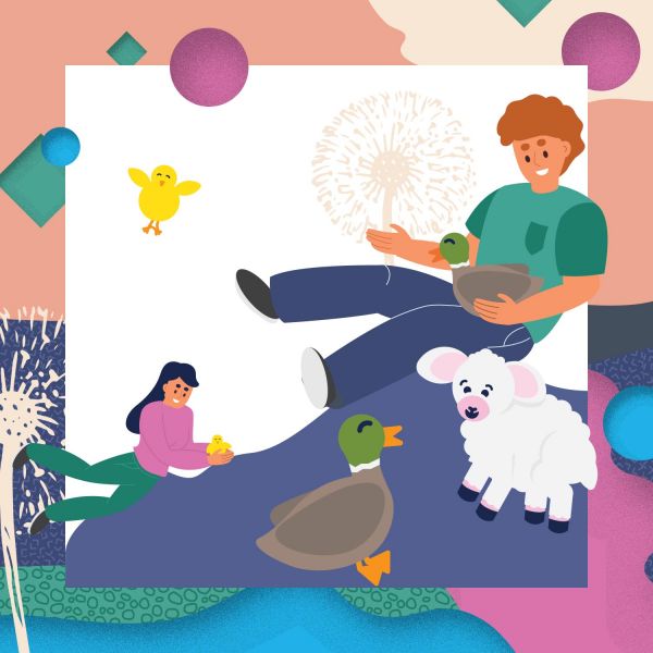 Illustrations of baby farm animals and a person cuddling them