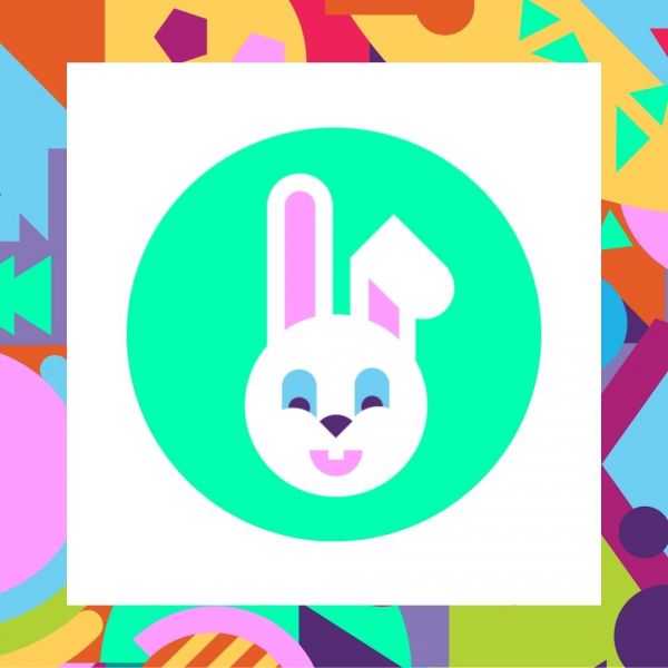 Colourful graphic with lots of different shapes. In the middle there is a cute illustration of an Easter bunny 