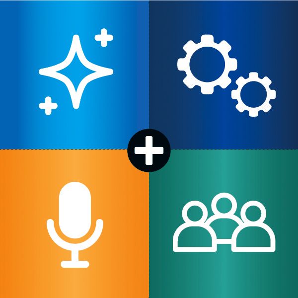 Four‑square collage displaying digital‑style backgrounds each containing a different wh including people, gears, a microphone, and a sparkle. - LDTI GenAI Education Development Series