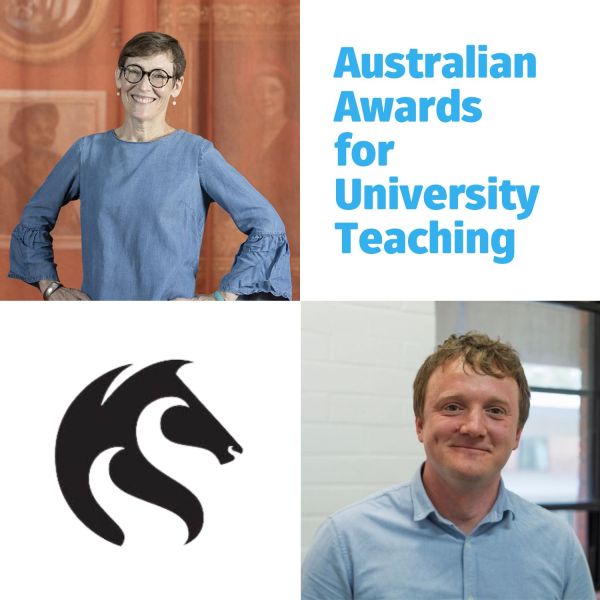 Collage featuring a headshot of Nancy smiling to camera, and Myles smiling to camera, with the text 'Australian Awards for University Teaching'. Exceptional educators celebrated in national teaching awards