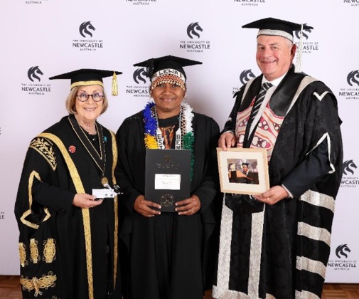 Esther (centre) with Chancellor Patricia Forsythe (left) and Vice-Chancellor Professor Alex Zelinsky (right)
