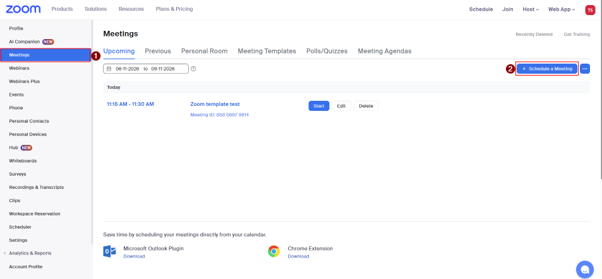 A screenshot taken from the Zoom web portal that shows where to find 'schedule a meeting'.