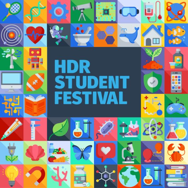 HDR Student Festival text inside a colourful border of small science images  - Monday 3 August 2026