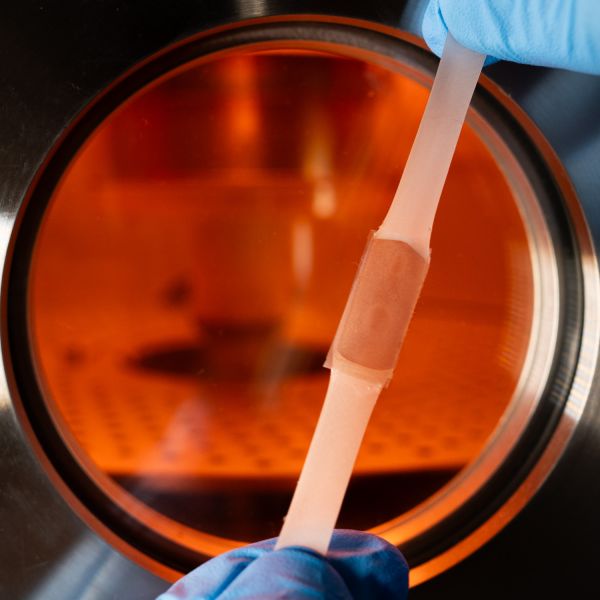 Close-up of a flexible polymer strip with a bonded patch, held by gloved hands in front of an orange-lit laboratory