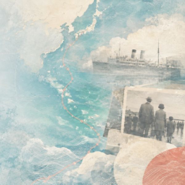 Vintage-style collage showing a map of East Asia and the Pacific Ocean with a marked maritime route, overlaid with a historic passenger ship and an old photograph of people standing on a dock.