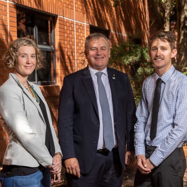 (L-R) Rosey Hart, Vice-Chancellor Professor Alex Zelinsky AO and Andrew Menken . University of Newcastle commits $5 million to attract top research talent