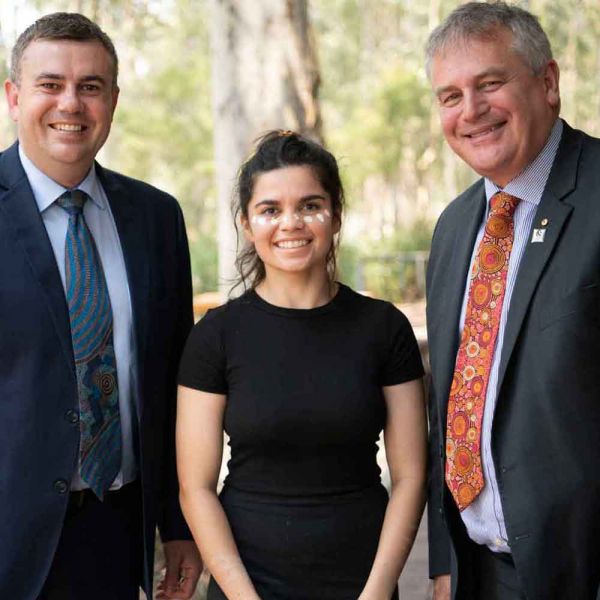 (L-R): Pro Vice-Chancellor Indigenous Strategy and Leadership Nathan Towney, Taylah Gray, Vice-Chancellor Professor Alex Zelinsky