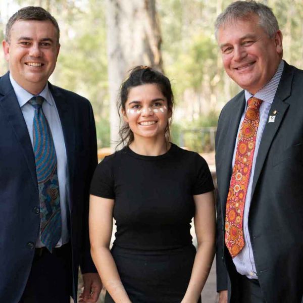 (L-R): Pro Vice-Chancellor Indigenous Strategy and Leadership Nathan Towney, Taylah Gray, Vice-Chancellor Professor Alex Zelinsky. The University of Newcastle launches Maligagu blueprint for Indigenous employment 