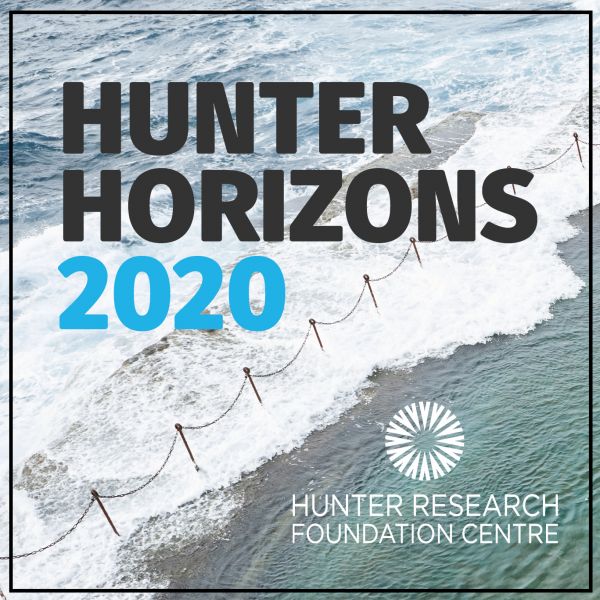 Hunter Horizons 2020, HRF Centre logo over Newcastle crashing waves