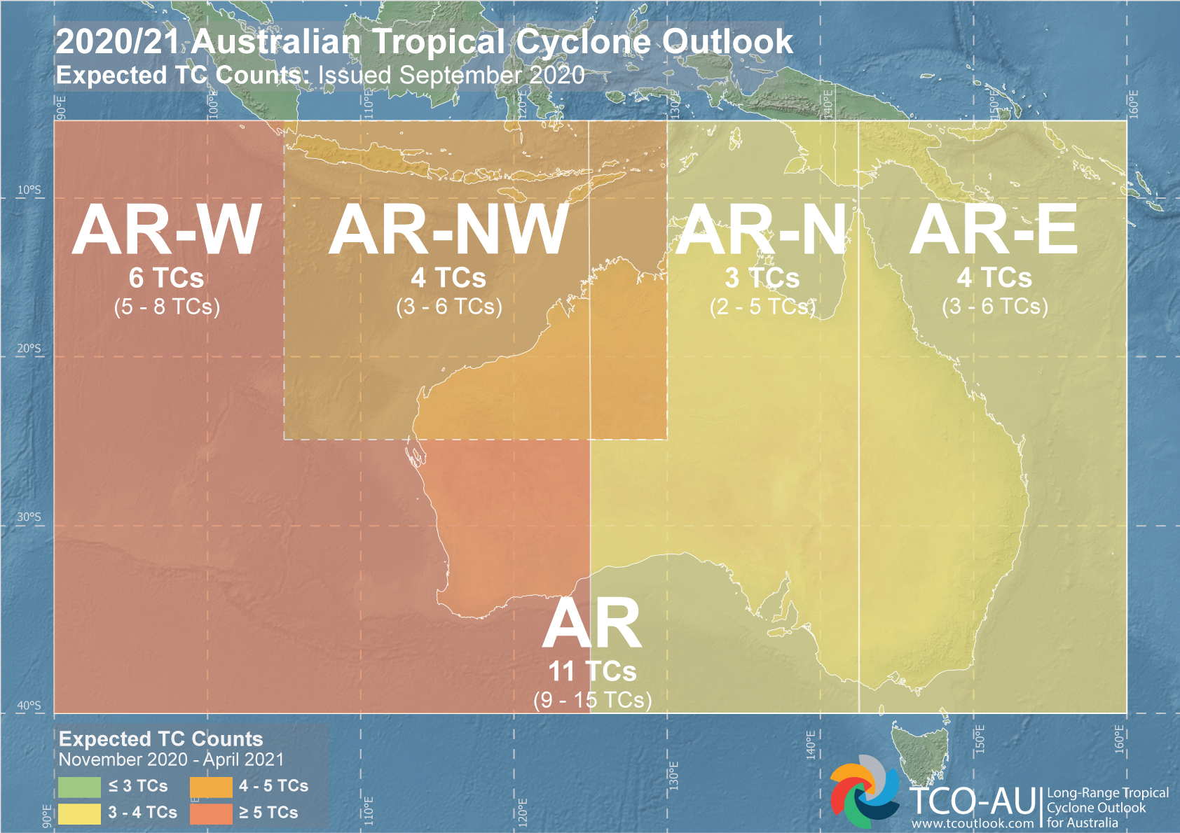Map showing the tropical cyclone count for Australia