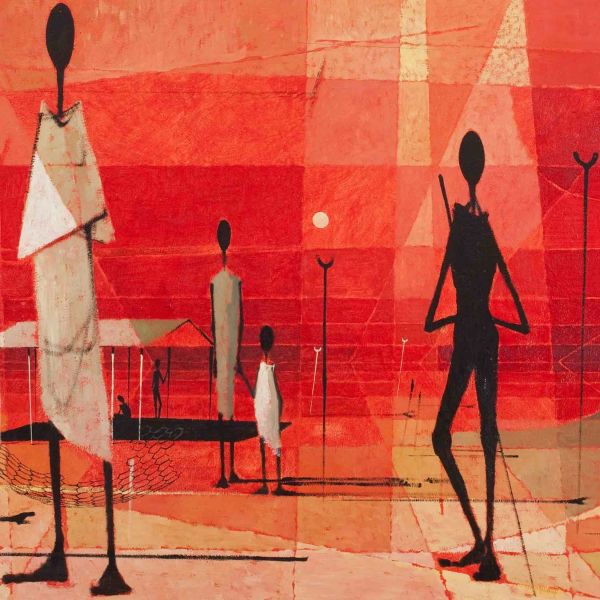 Cubist style artwork in warm tones with two dark figures and white square boxes representing houses.