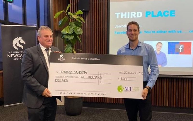 Ambassador Jarrod Sansom (B Communication (Honours) 2020) was awarded third prize in the University of Newcastle’s Three Minute Thesis awards for researchers