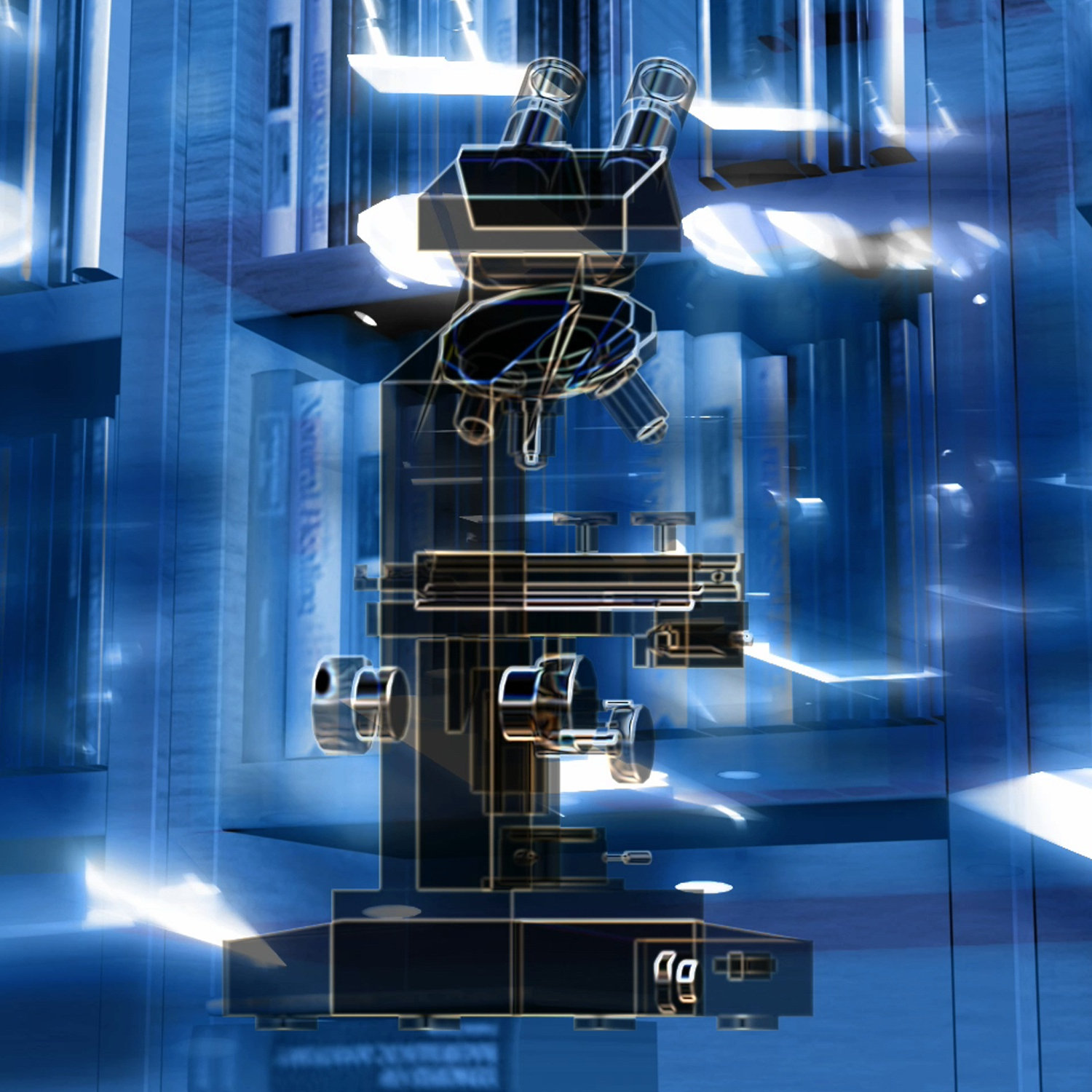 Conceptual microscope in front of book shelf.^empty:{ds__assetid^as_asset:asset_name}