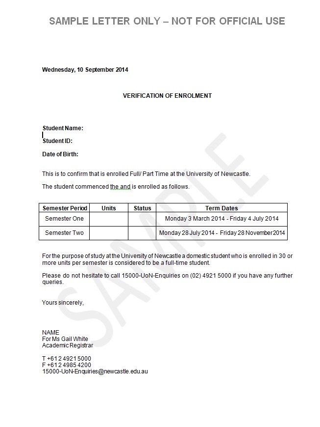 Sample letter - Verification of enrolment