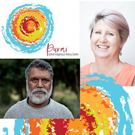 2 head and shoulders shot of a man with a beard and a smiling woman together with a swirling colourful logo that is Purai's logo