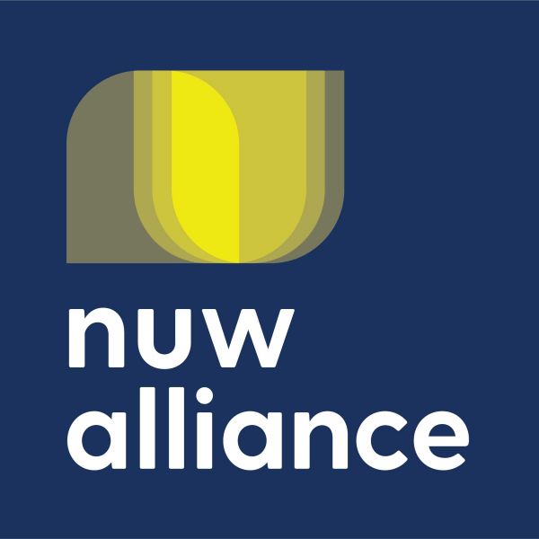 An image displaying the text logo of NUW Alliance on a blue background with a yellow abstract shape stacked on the top of the text. The text is stacked and written in white.