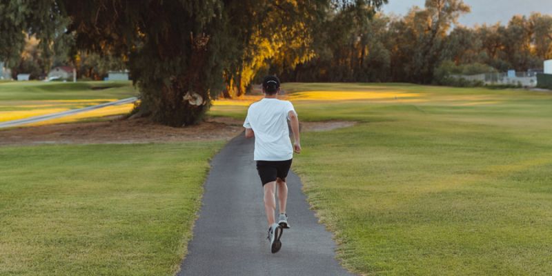 A grass and tree lined path with a person wearing a white shirt running down it, back facing the camera.
