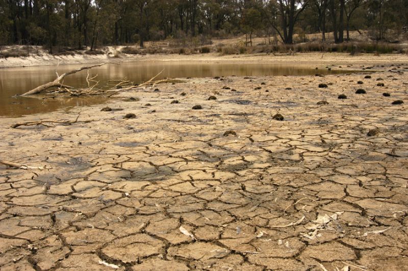 A dismal amount of water in a near-empty dam revealing a dry, cracked dam bed