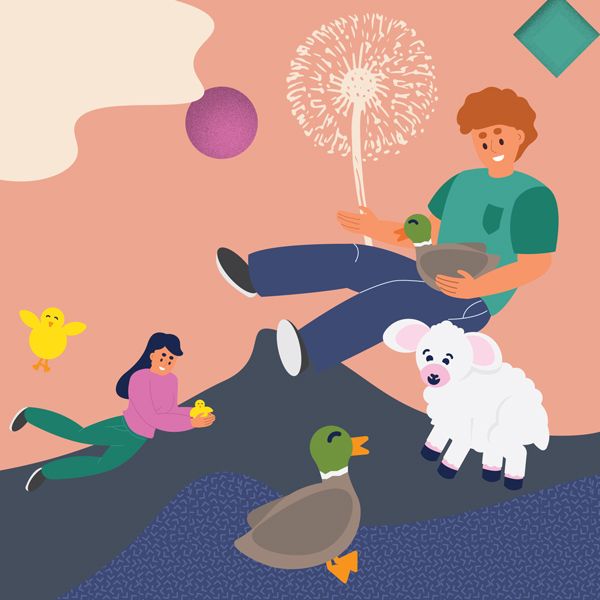 Illustrations of baby farm animals and a person cuddling them