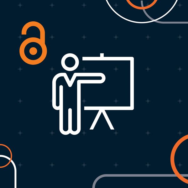 2023-open-access-web-news-2-small.jpg Illustration with dark blue background and white person standing in front pointing on a screen