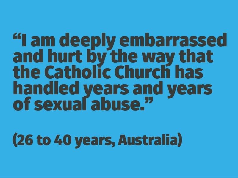 I am deeply embarrassed and hurt by the way that the Catholic Church has handled years and years of sexual abuse. (26 to 40 years, Australia)