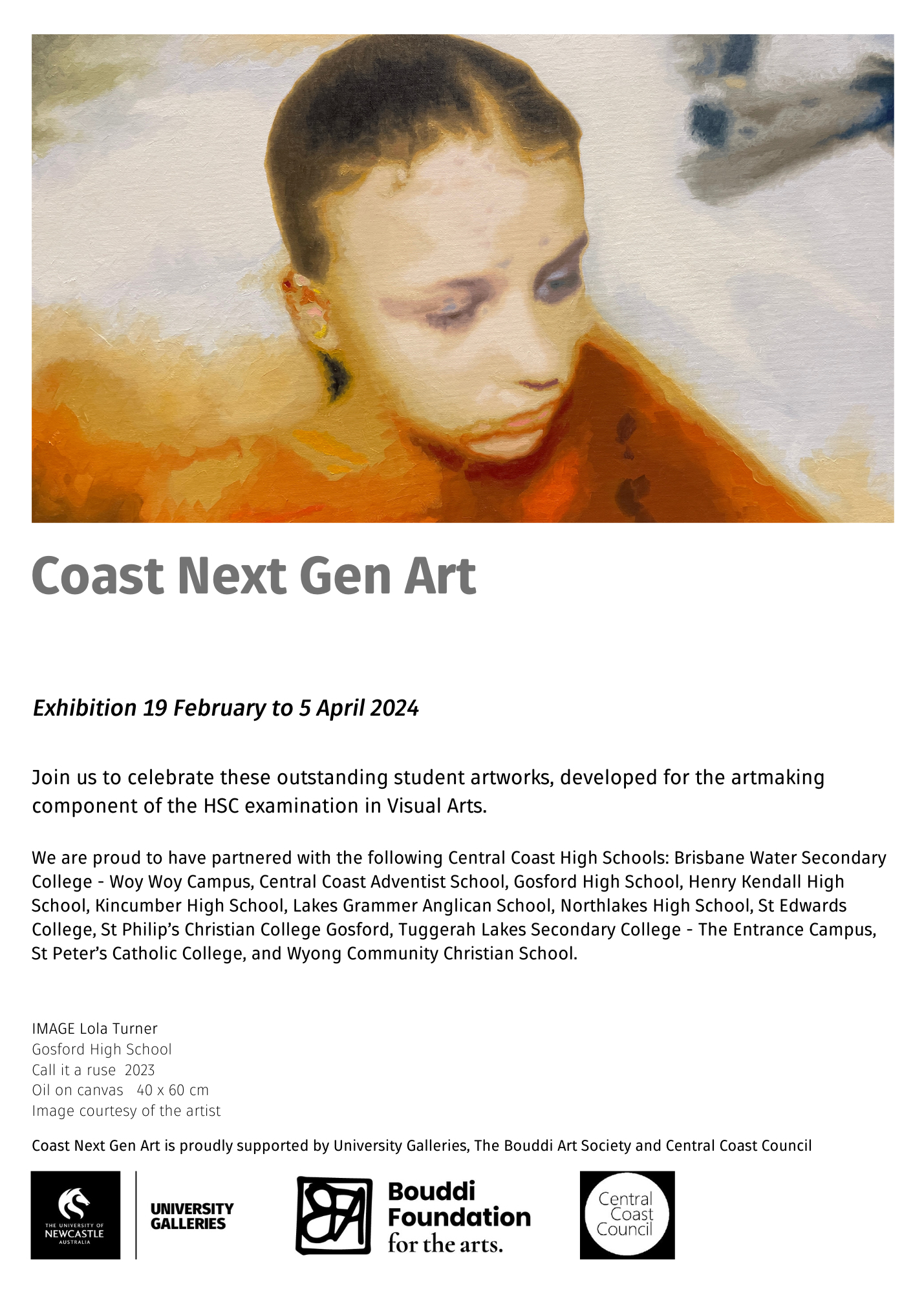 Coast Next Gen Art Exhibition flyer with student artwork at the top and details underneath