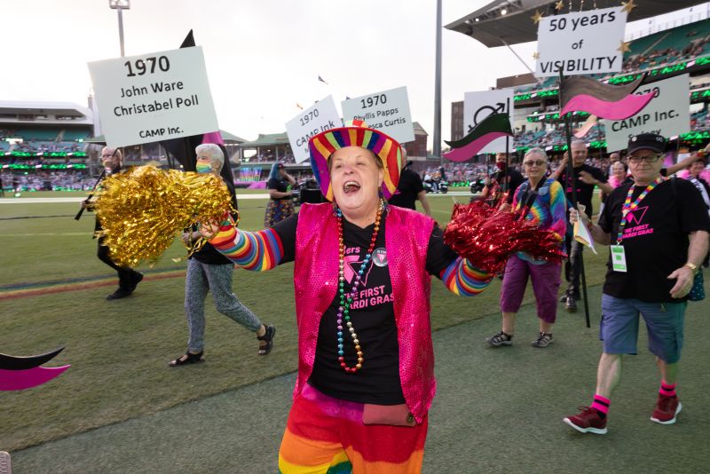 2021 Sydney Mardi Gras Parade, woman marching in 78ers shirt