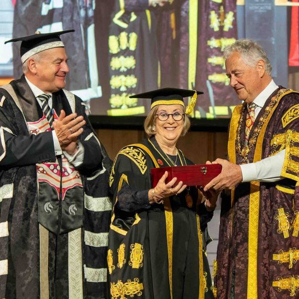University of Newcastle Vice-Chancellor, Professor Alex Zelinsky AO, Chancellor, the Hon. Patricia Forsythe AM, Lord Mayor Dr Ross Kerridge. University receives Keys to the City in its 60th year.