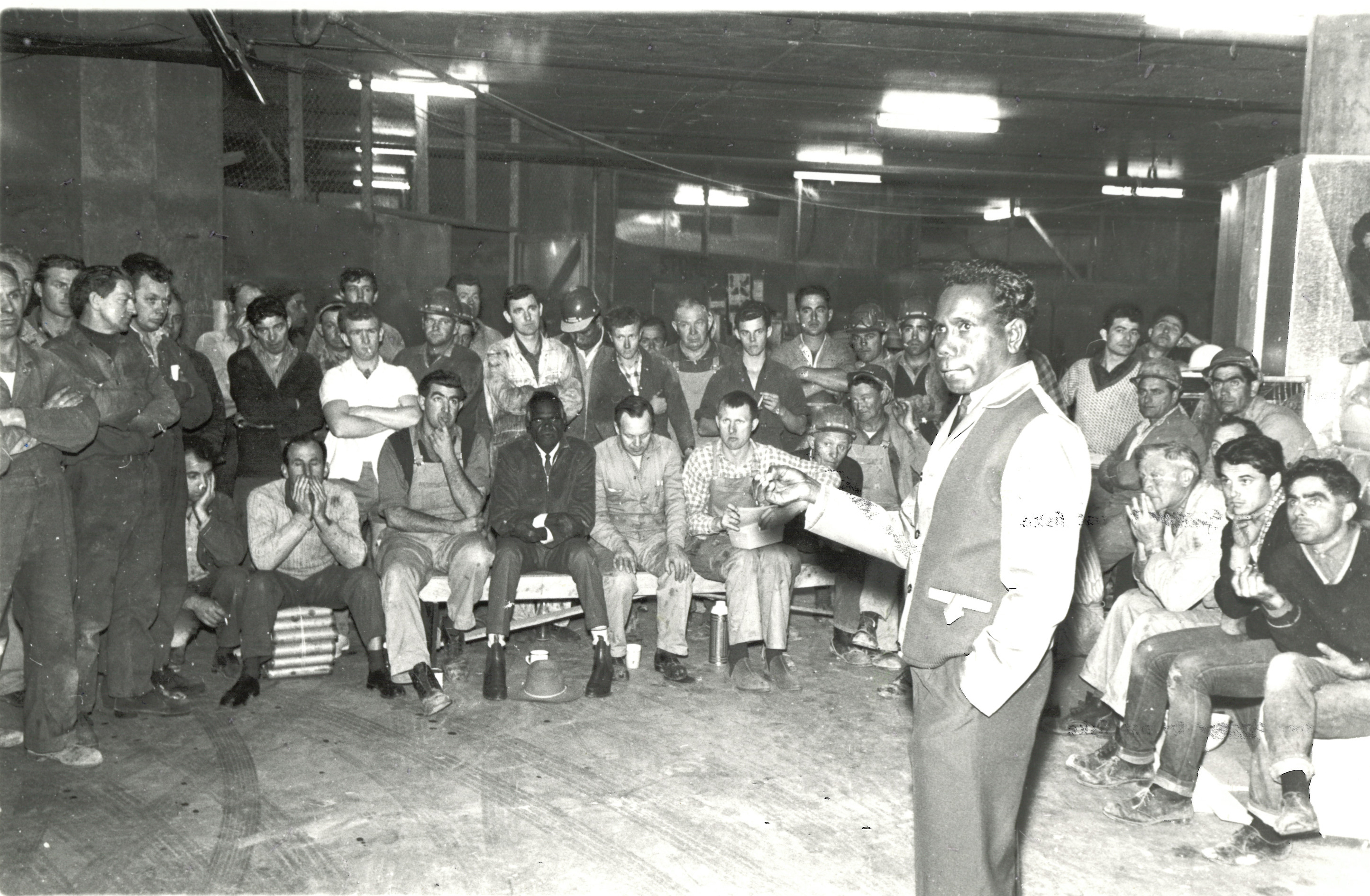 Dexter Daniels addresses building workers in Sydney about the Gurindji walk-off prob 1967 (Supplied Builders Labourers Federation) a B&W photograh of an Aboriginal man addressing a seated audience of Sydney workers