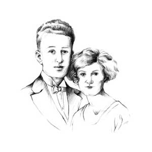A drawing of a man and a woman looking at the viewer