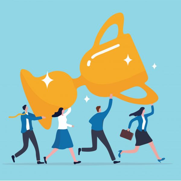 Blue background. Cartoon team carrying gold trophy. . 2025 Newcastle Business School Research Awards Winners.