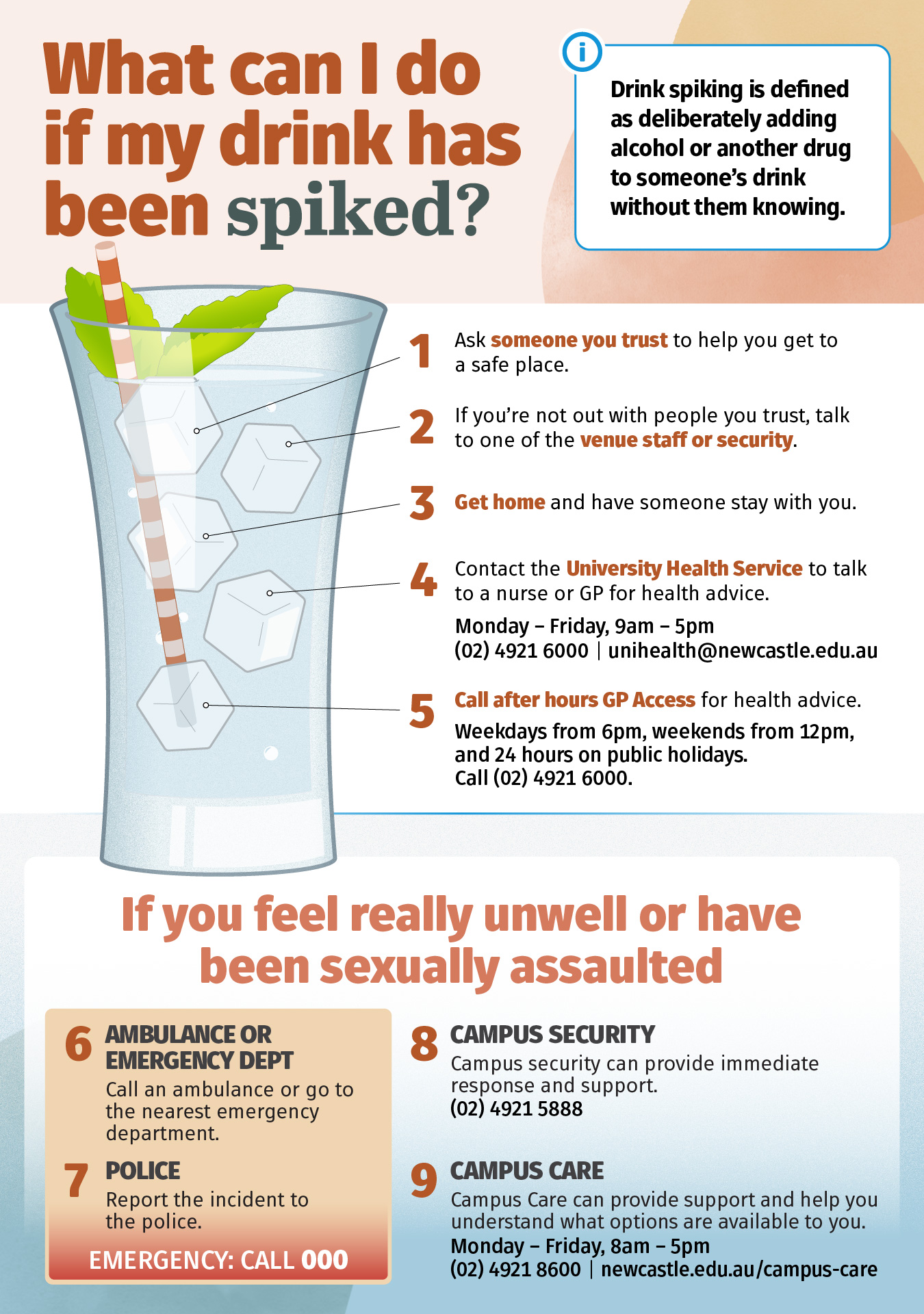 Infographic showing what to do if your drink has been spiked