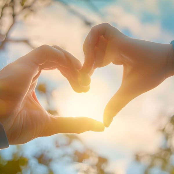 A sunlit background featuring soft focus leaves and branches and a sunny blue sky. A child's face is seen in the corner of the image. They are smiling. Their hands are held, with fingers forming a heart.