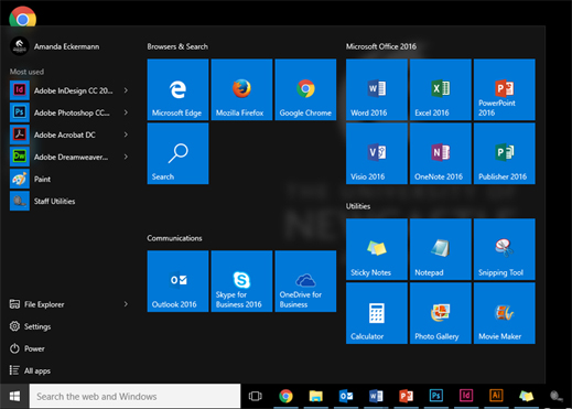 Windows 10 start pane