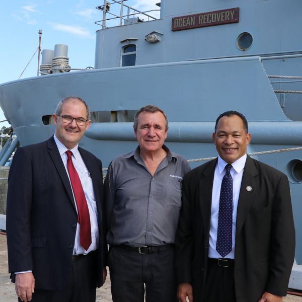 Alan Broadfoot, Paul Adams and Kosi Latu. Partnership to protect oceans from oil spills