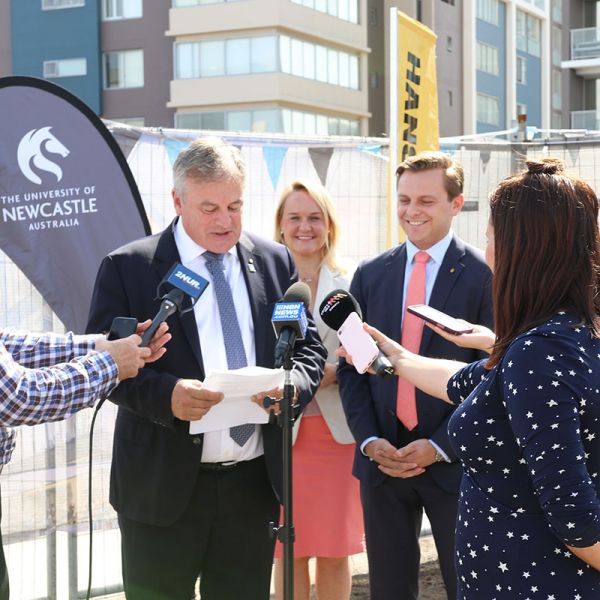VC Alex Zelinsky talking to media on the Honeysuckle campus development site. Work to start on the University of Newcastle’s new home for innovation and creative endeavour