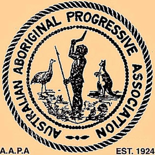 Circular logo showing Aboriginal man with spear and boomerang as well as an emu and kangaroo
