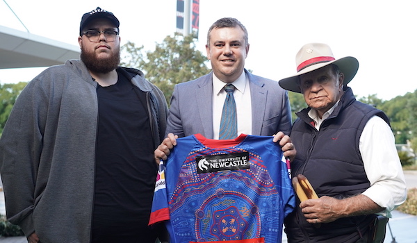 Tyler Smith, 2020 Newcastle Knights Hunter Indigenous Artist, Mr Nathan Towney, Pro Vice-Chancellor - Indigenous Strategy and Leadership, Uncle Bill Smith, Awabakal Elder 