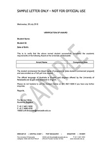 Sample letter - Verification of Award