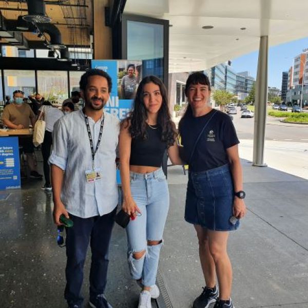 First year law student Sahar at Orientation with Newcastle Law School staff Samuel Berhanu Woldemariam and Amy Maguire
