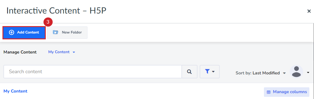 Add content in H5P This is a screenshot of how to add new content in H5P using the +Add Content button
