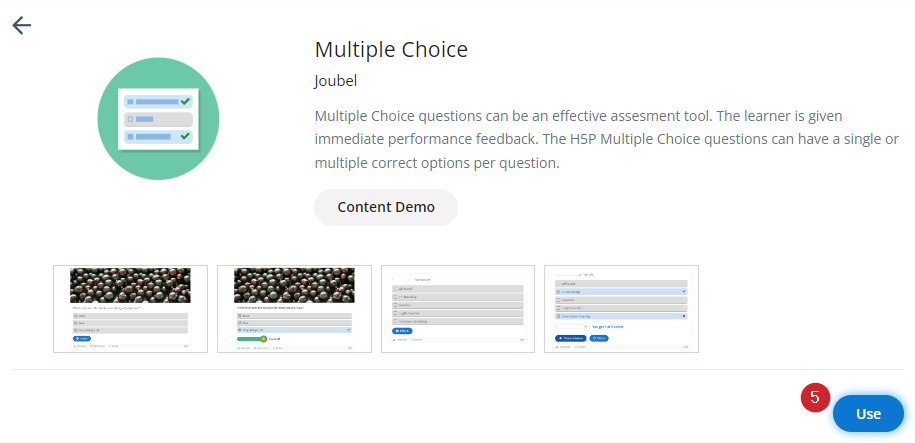 This screenshot shows the activity details page including the 'Content Demo' option and where to select to use this activity. 