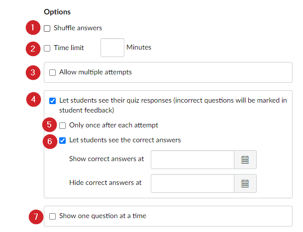 Classic Quiz Options The screenshot shows the various options that you can set in a Classic Quiz on Canvas