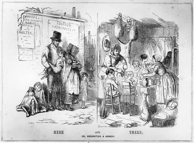 Image from Punch magazine, London, promoting emigration as a solution to vagrancy.